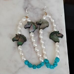 Pearl and Turquoise Horse Motif Earrings